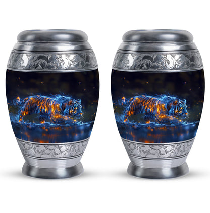 Tiger Urn for Human Ashes, Blue Ceramic Crouching Tiger with Embers in Water, Memorial Urn