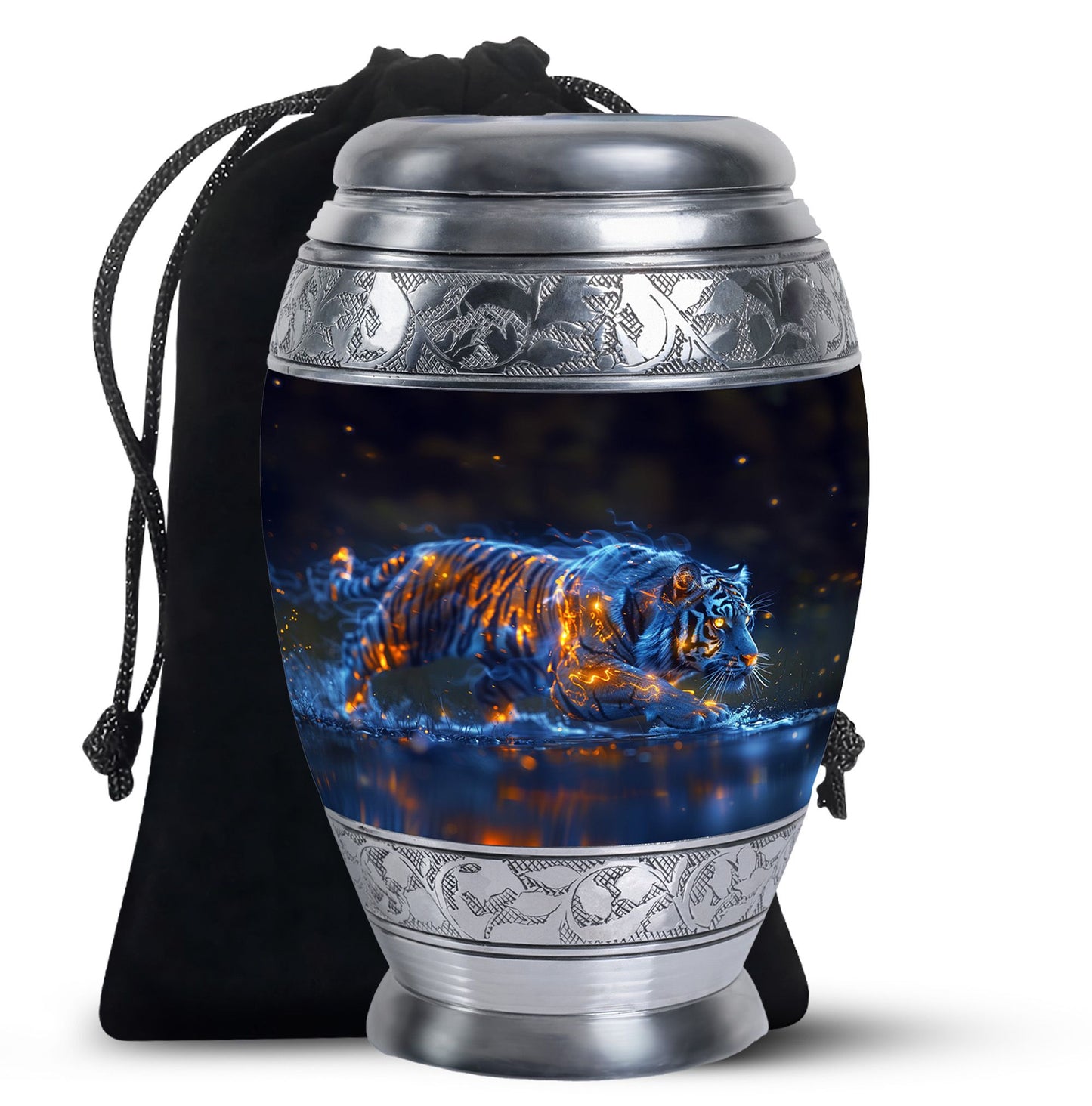 Tiger Urn for Human Ashes, Blue Ceramic Crouching Tiger with Embers in Water, Memorial Urn