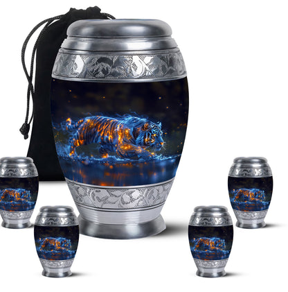 Tiger Urn for Human Ashes, Blue Ceramic Crouching Tiger with Embers in Water, Memorial Urn