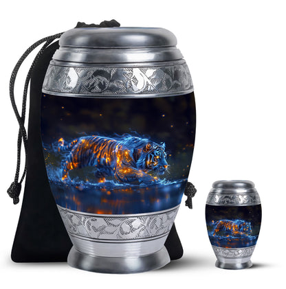 Tiger Urn for Human Ashes, Blue Ceramic Crouching Tiger with Embers in Water, Memorial Urn