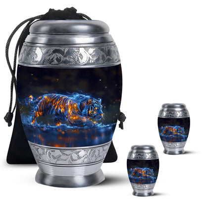 Tiger Urn for Human Ashes, Blue Ceramic Crouching Tiger with Embers in Water, Memorial Urn