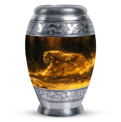 Tiger Urn for Ashes, Tiger Running Through Golden Fire on Black, Memorial Urn