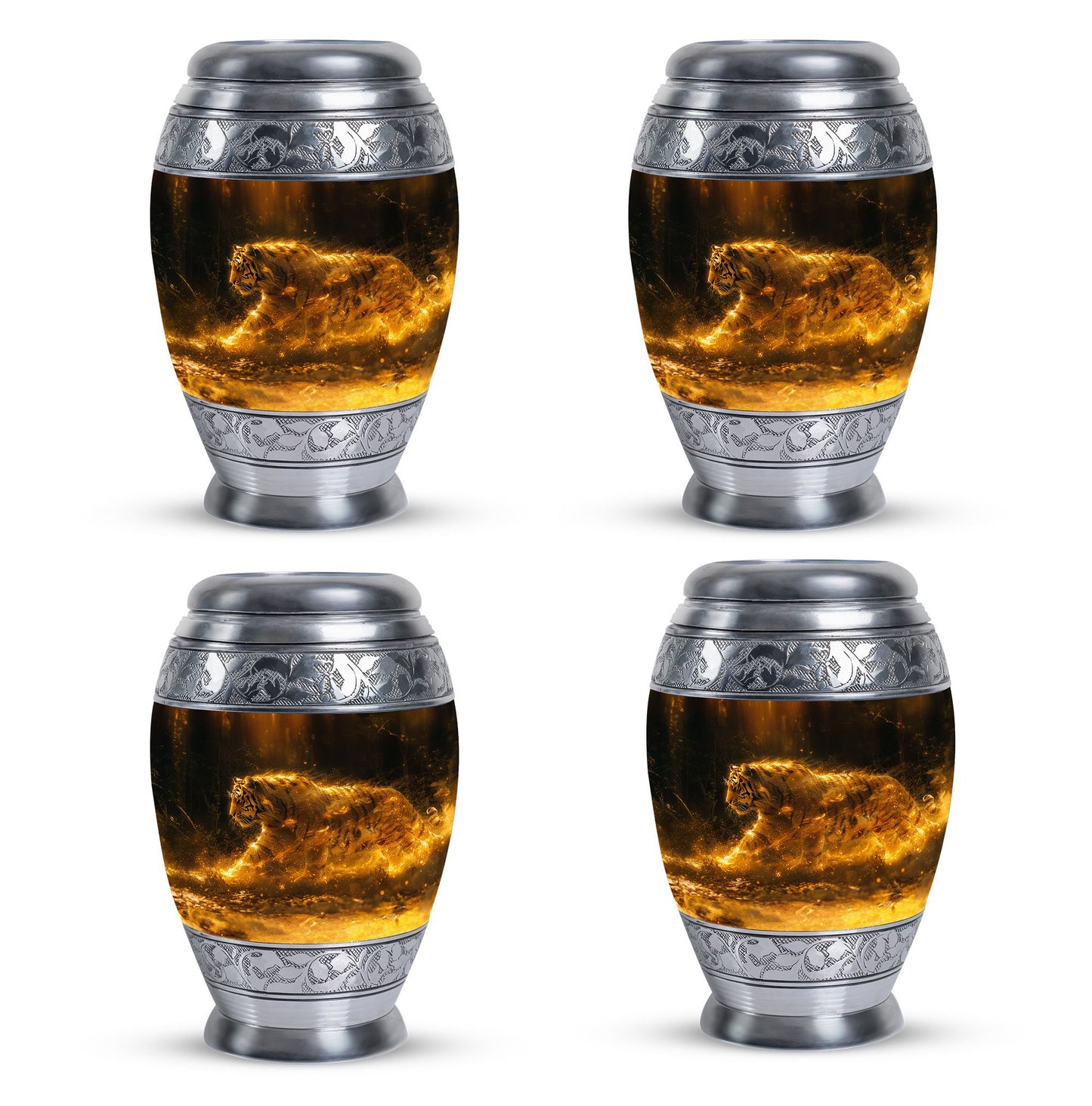 Tiger Urn for Ashes, Tiger Running Through Golden Fire on Black, Memorial Urn