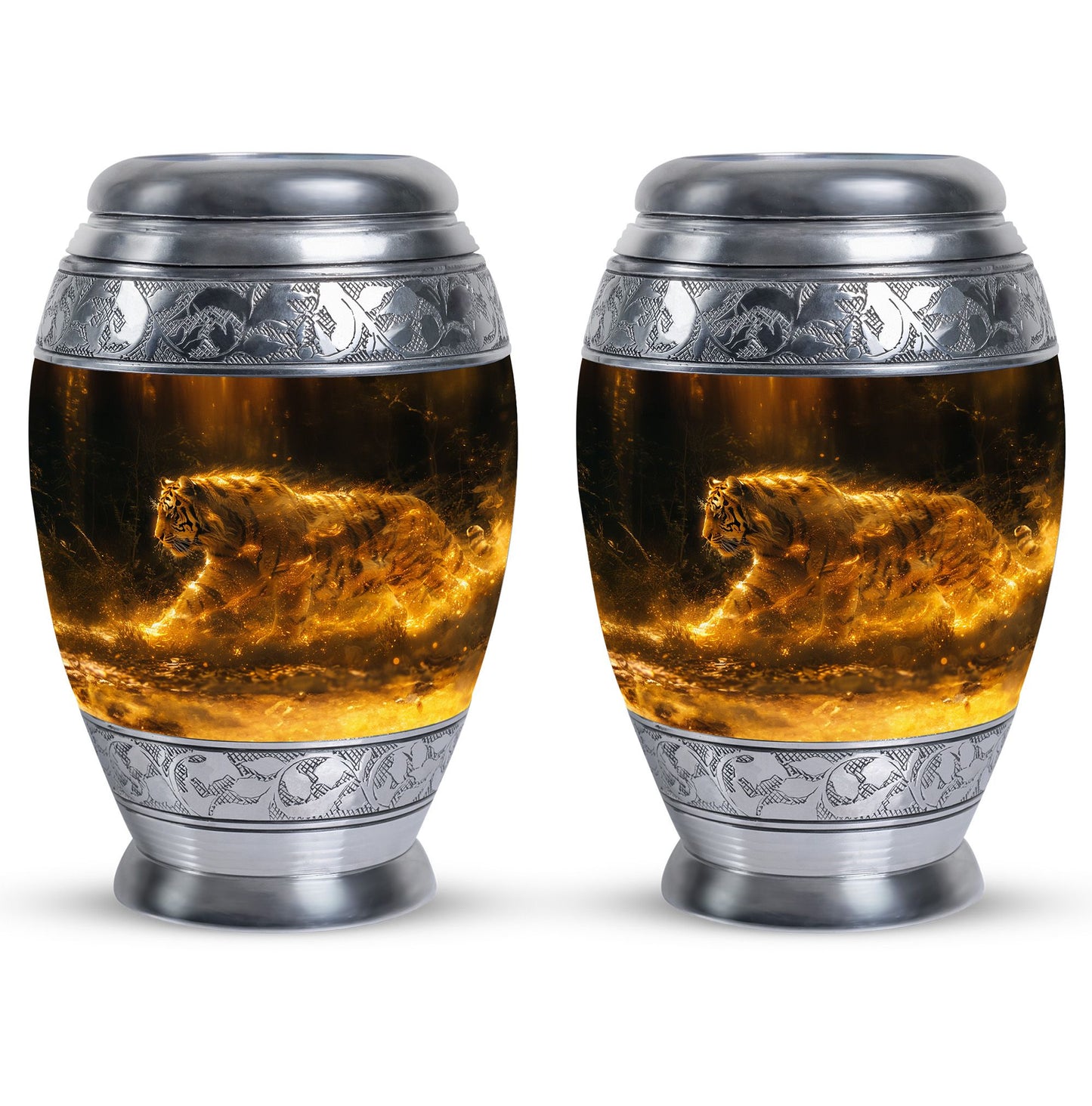 Tiger Urn for Ashes, Tiger Running Through Golden Fire on Black, Memorial Urn