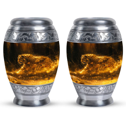 Tiger Urn for Ashes, Tiger Running Through Golden Fire on Black, Memorial Urn