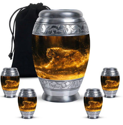 Tiger Urn for Ashes, Tiger Running Through Golden Fire on Black, Memorial Urn