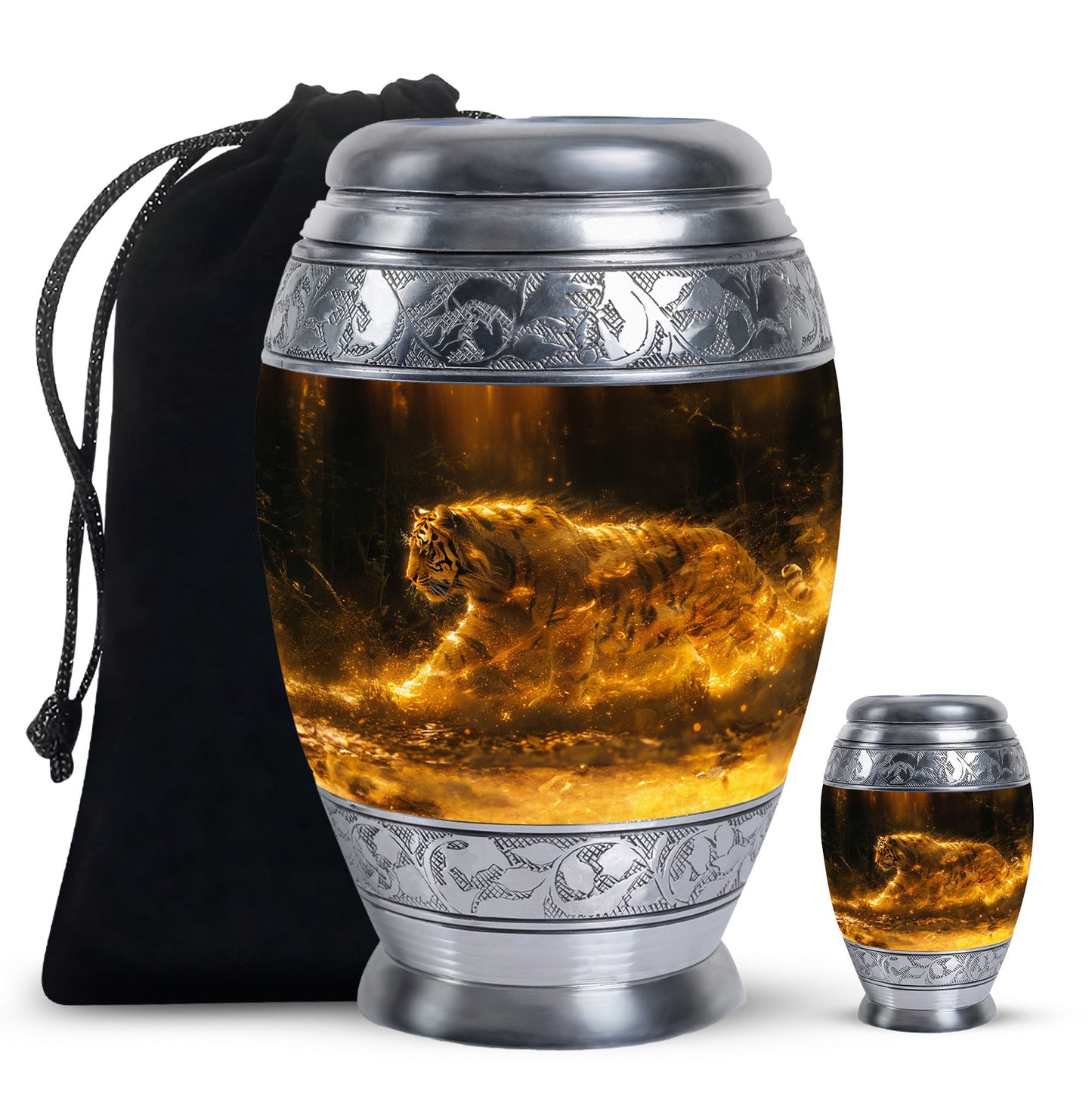Tiger Urn for Ashes, Tiger Running Through Golden Fire on Black, Memorial Urn