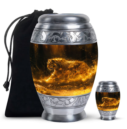 Tiger Urn for Ashes, Tiger Running Through Golden Fire on Black, Memorial Urn