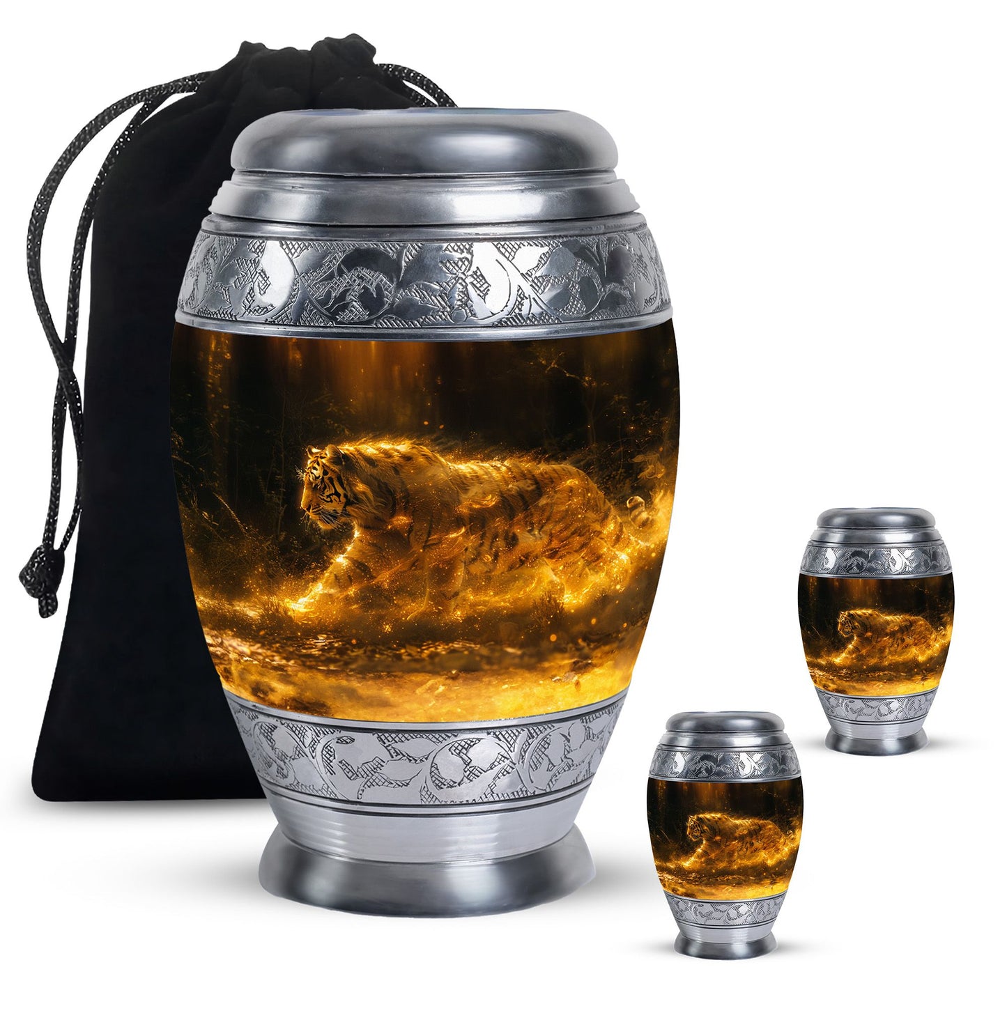 Tiger Urn for Ashes, Tiger Running Through Golden Fire on Black, Memorial Urn
