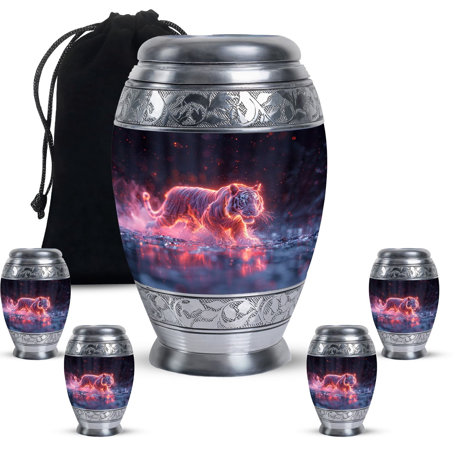 Black Personalized Tiger Cremation Urn for Human Ashes - 10-inch, 200 cu in - Yatskia