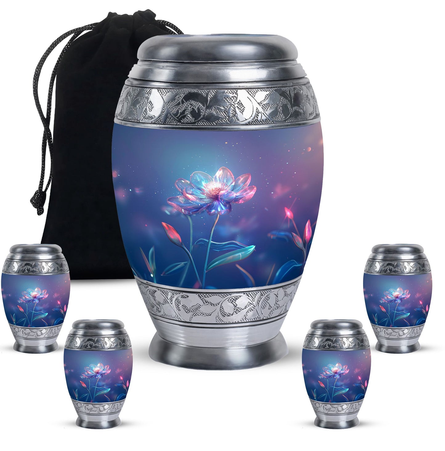 Blue Personalized Flower Cremation Urn for Human Ashes - 10-inch, 200 cu in - Yatskia