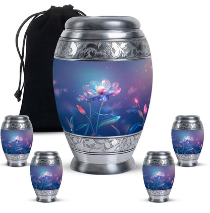 Blue Personalized Flower Cremation Urn for Human Ashes - 10-inch, 200 cu in - Yatskia