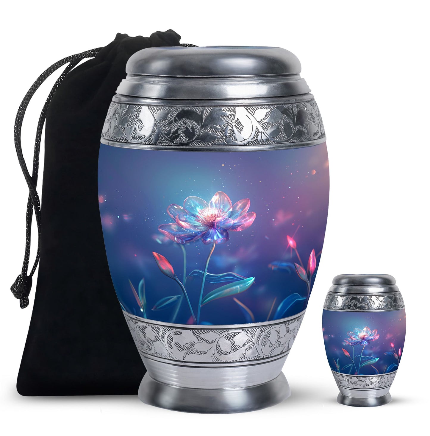 Blue Personalized Flower Cremation Urn for Human Ashes - 10-inch, 200 cu in - Yatskia