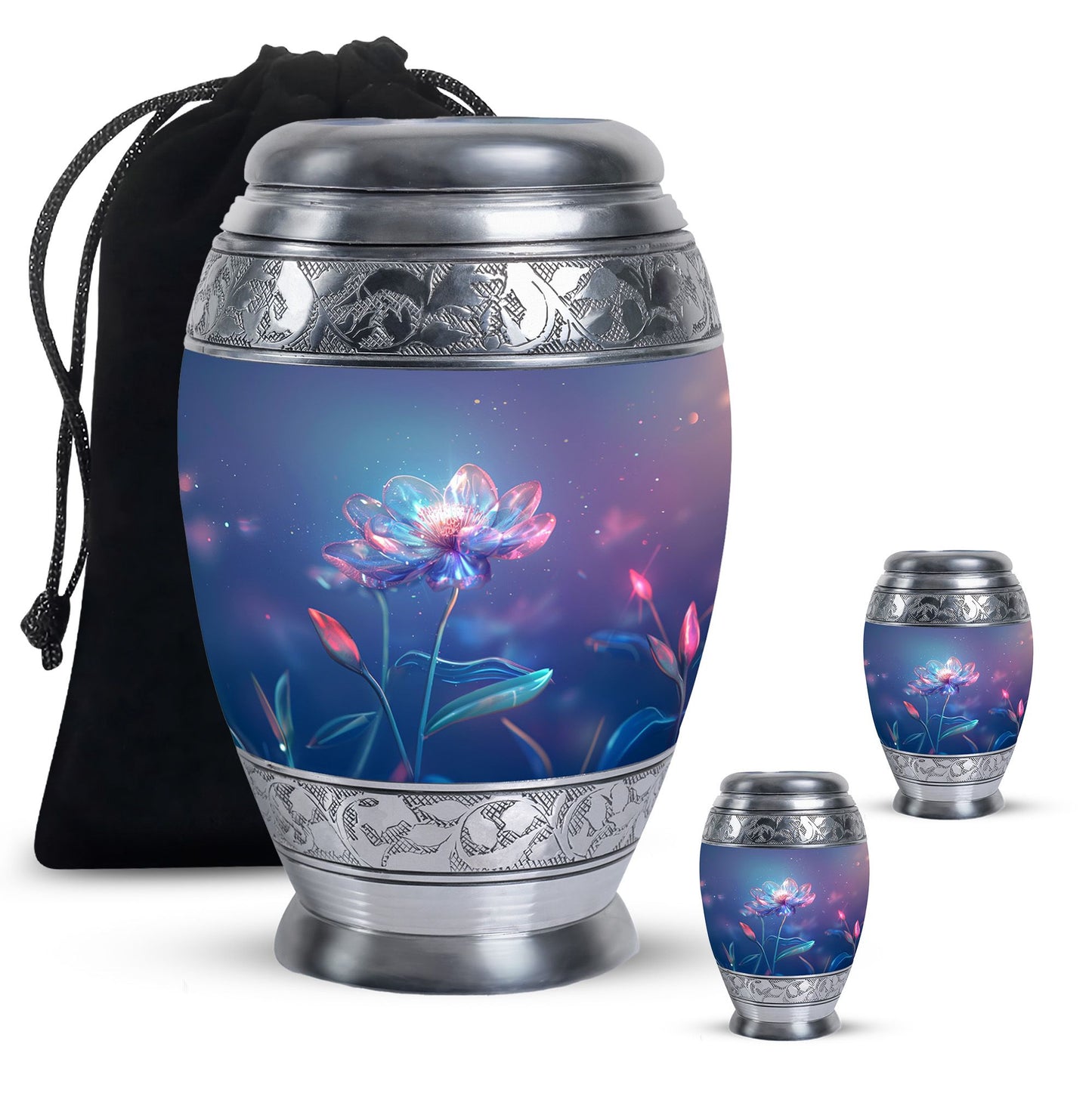 Blue Personalized Flower Cremation Urn for Human Ashes - 10-inch, 200 cu in - Yatskia