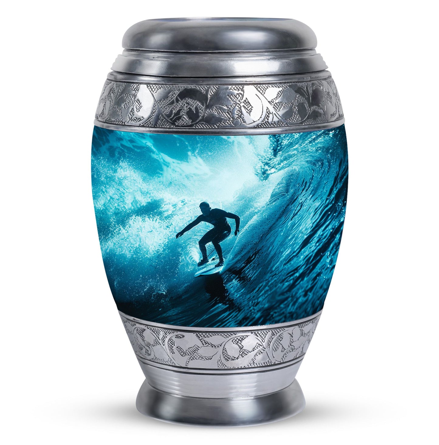 Surfing Urn for Human Ashes with Surfer Silhouette Turquoise Wave, Memorial Urn