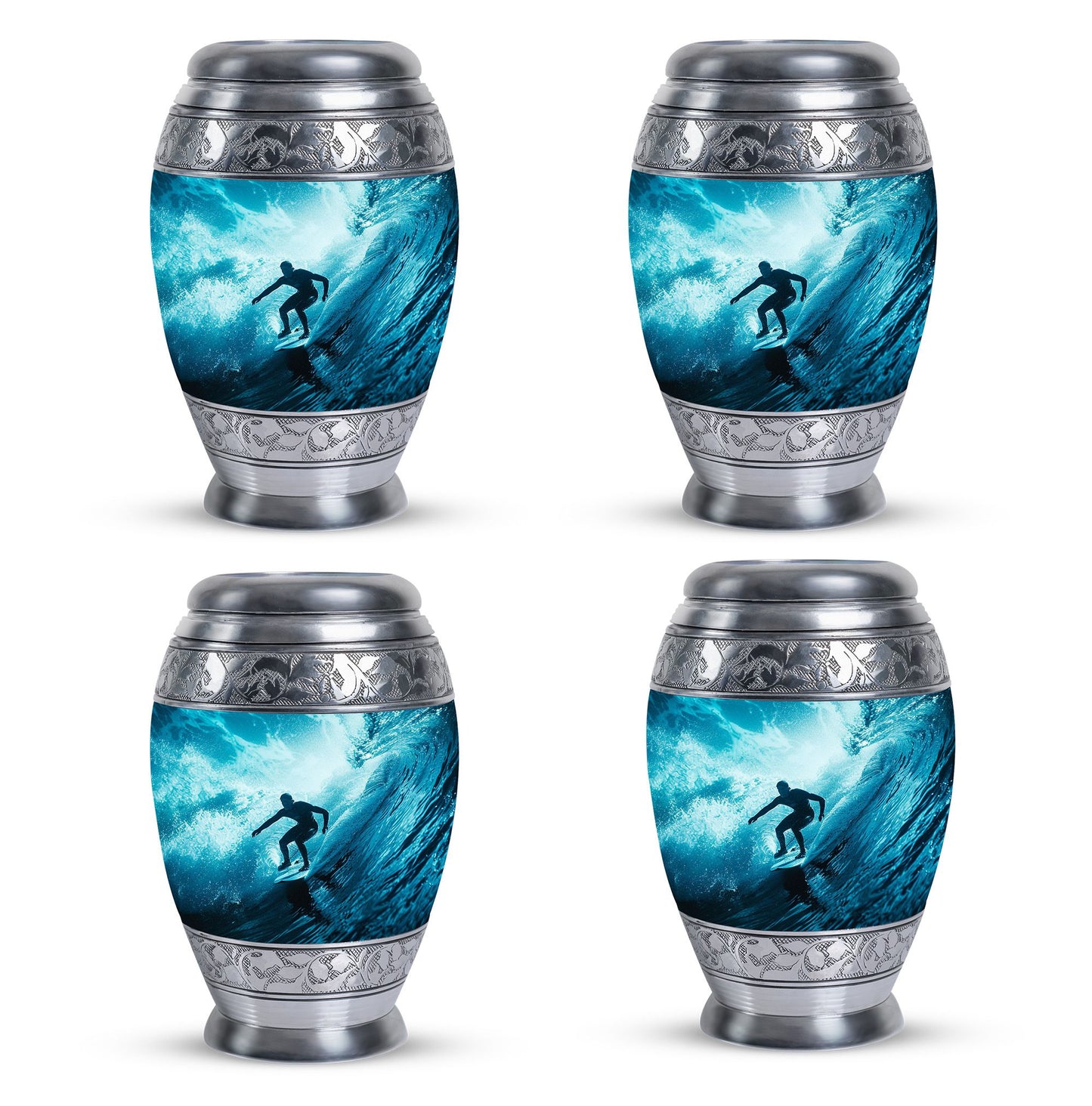 Surfing Urn for Human Ashes with Surfer Silhouette Turquoise Wave, Memorial Urn