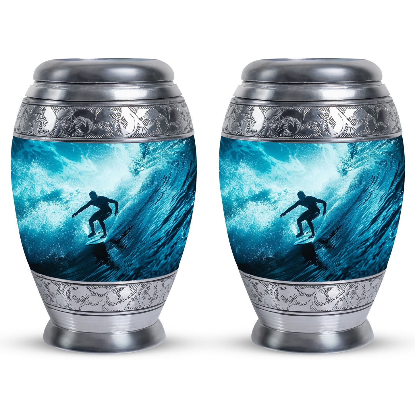 Surfing Urn for Human Ashes with Surfer Silhouette Turquoise Wave, Memorial Urn
