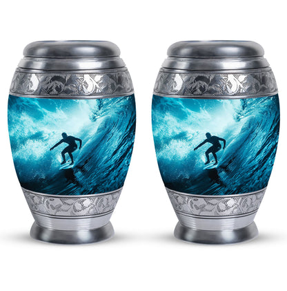 Surfing Urn for Human Ashes with Surfer Silhouette Turquoise Wave, Memorial Urn