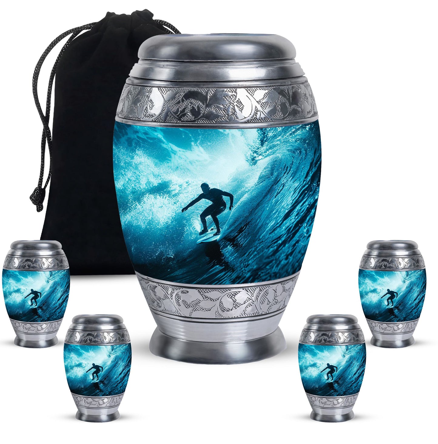Surfing Urn for Human Ashes with Surfer Silhouette Turquoise Wave, Memorial Urn