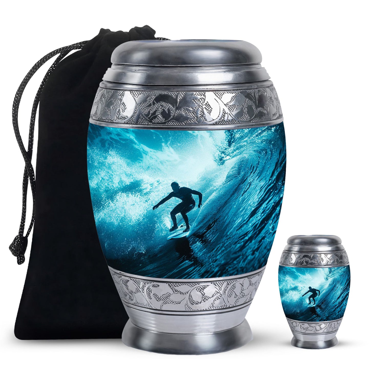 Surfing Urn for Human Ashes with Surfer Silhouette Turquoise Wave, Memorial Urn