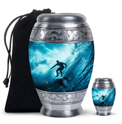 Surfing Urn for Human Ashes with Surfer Silhouette Turquoise Wave, Memorial Urn