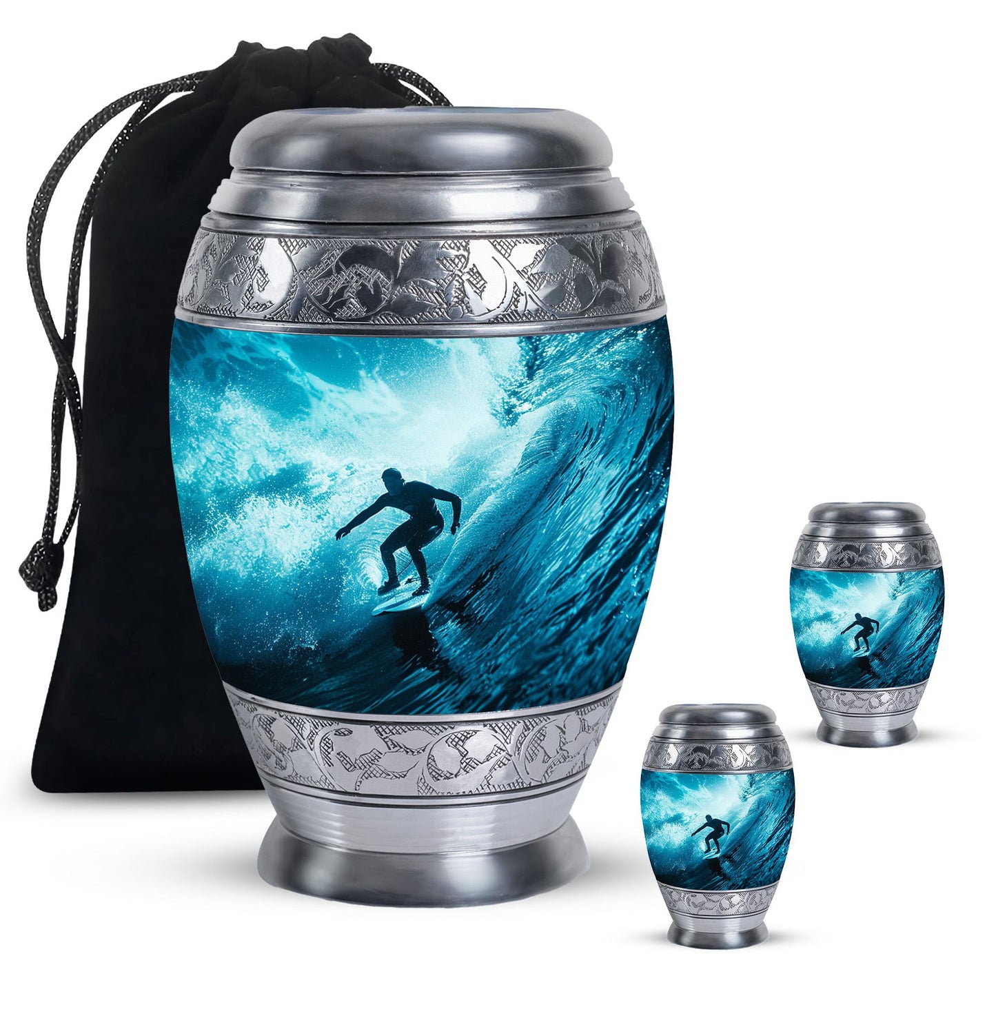 Surfing Urn for Human Ashes with Surfer Silhouette Turquoise Wave, Memorial Urn