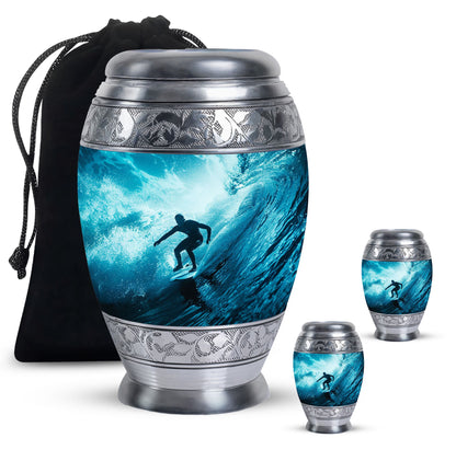 Surfing Urn for Human Ashes with Surfer Silhouette Turquoise Wave, Memorial Urn
