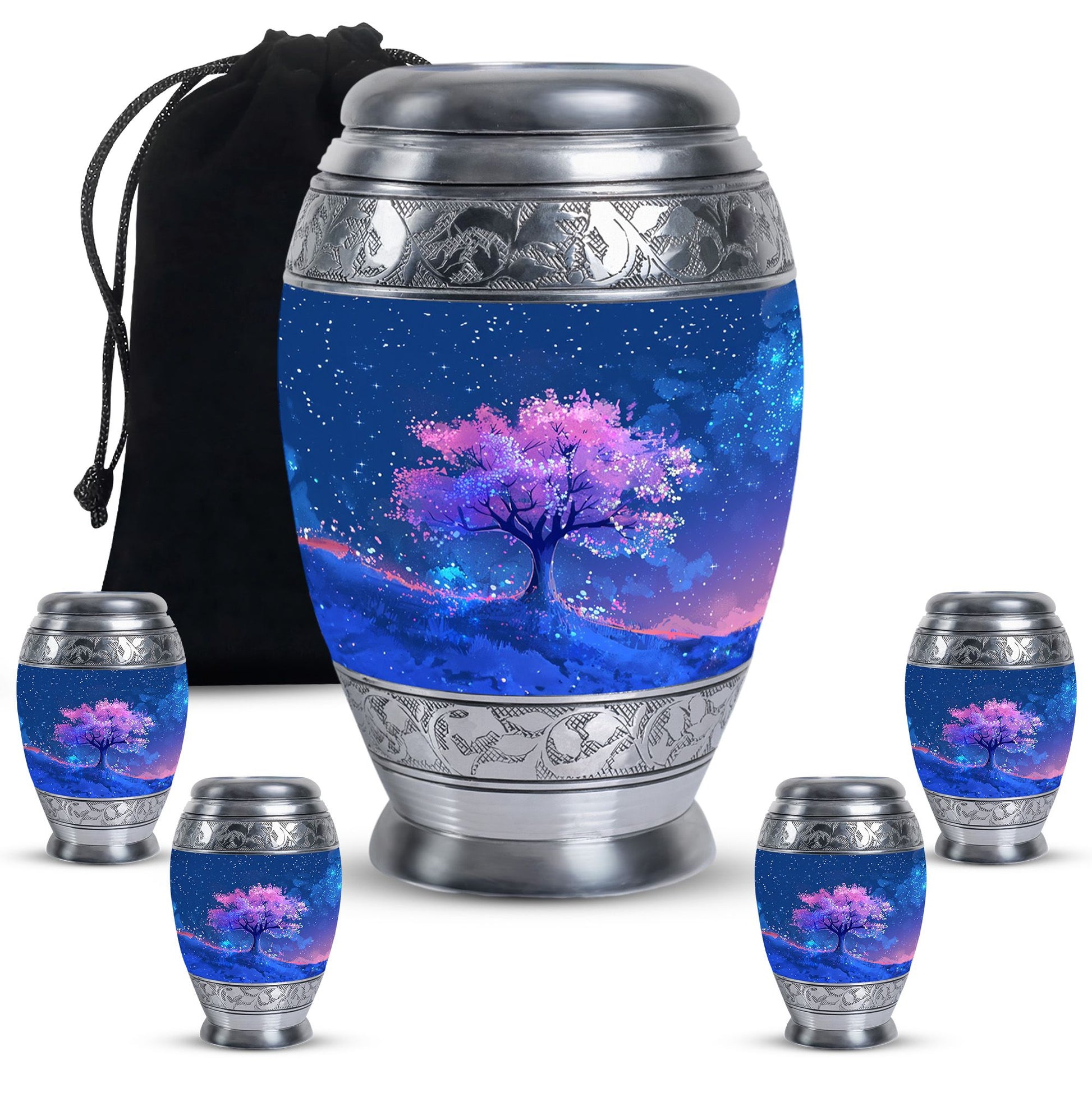 Blue Floral Tree Cremation Urn - Large Urns For Human Ashes