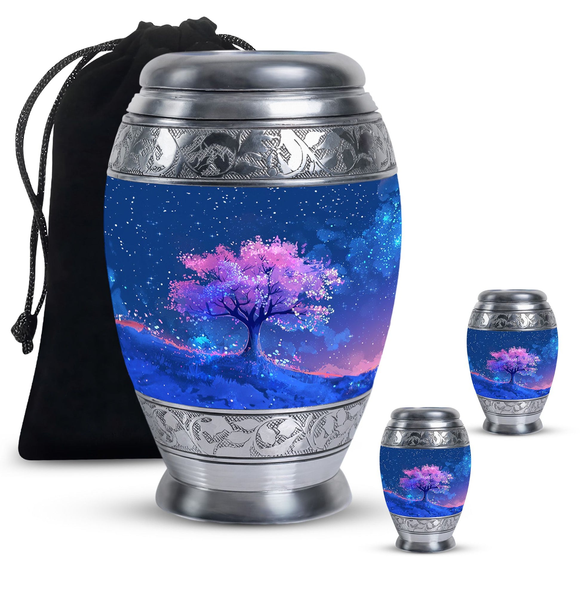 Blue Floral Tree Cremation Urn - Large Urns For Human Ashes