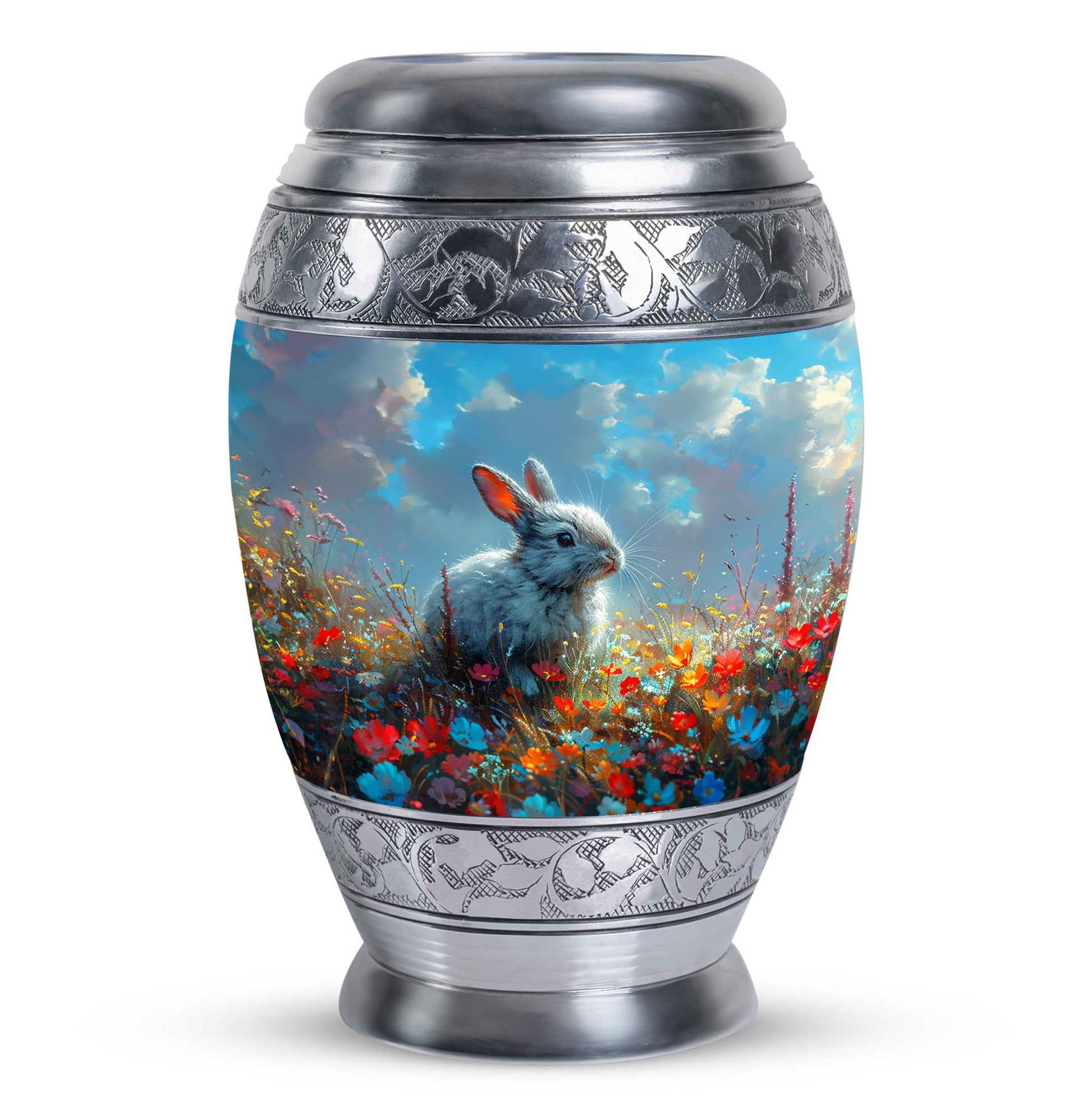 Colorful Flower Urn with White Bunny - Beautiful Pet Memorial Urn for Ashes
