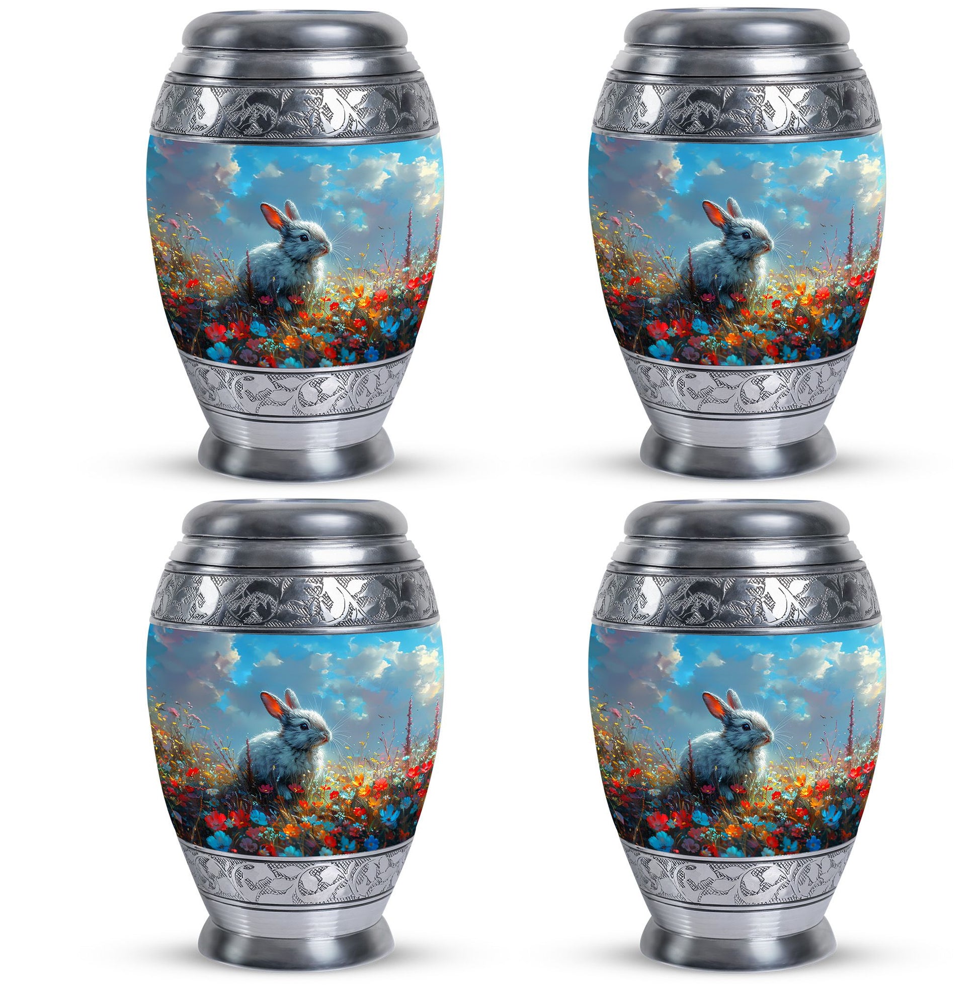 Colorful Flower Urn with White Bunny - Beautiful Pet Memorial Urn for Ashes