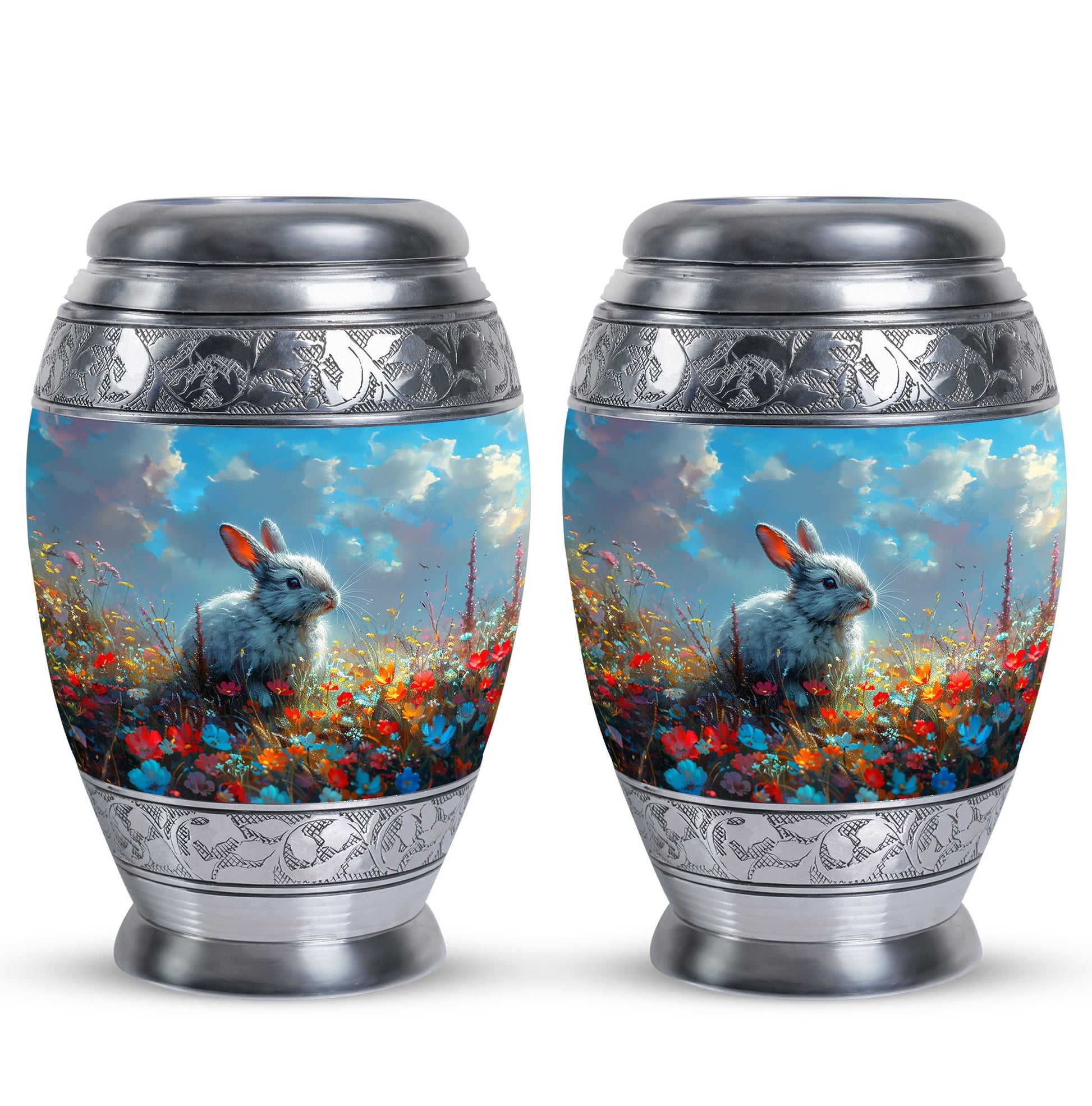 Colorful Flower Urn with White Bunny - Beautiful Pet Memorial Urn for Ashes