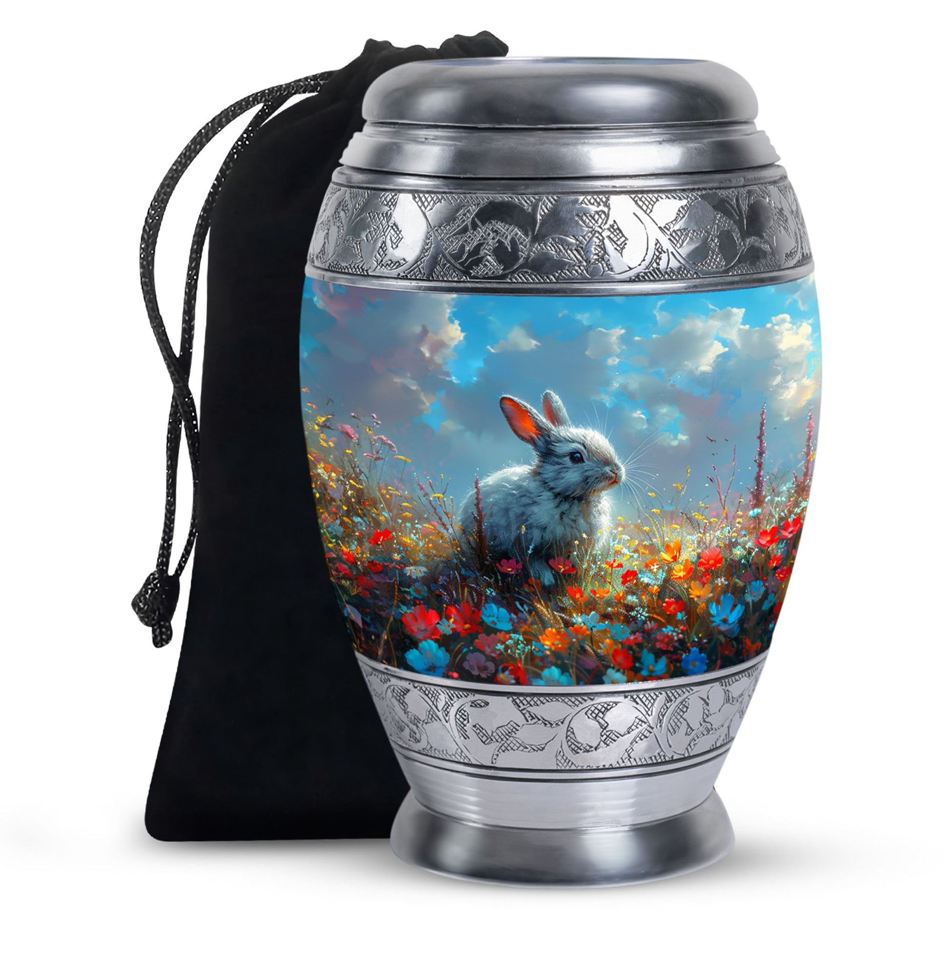 Colorful Flower Urn with White Bunny - Beautiful Pet Memorial Urn for Ashes