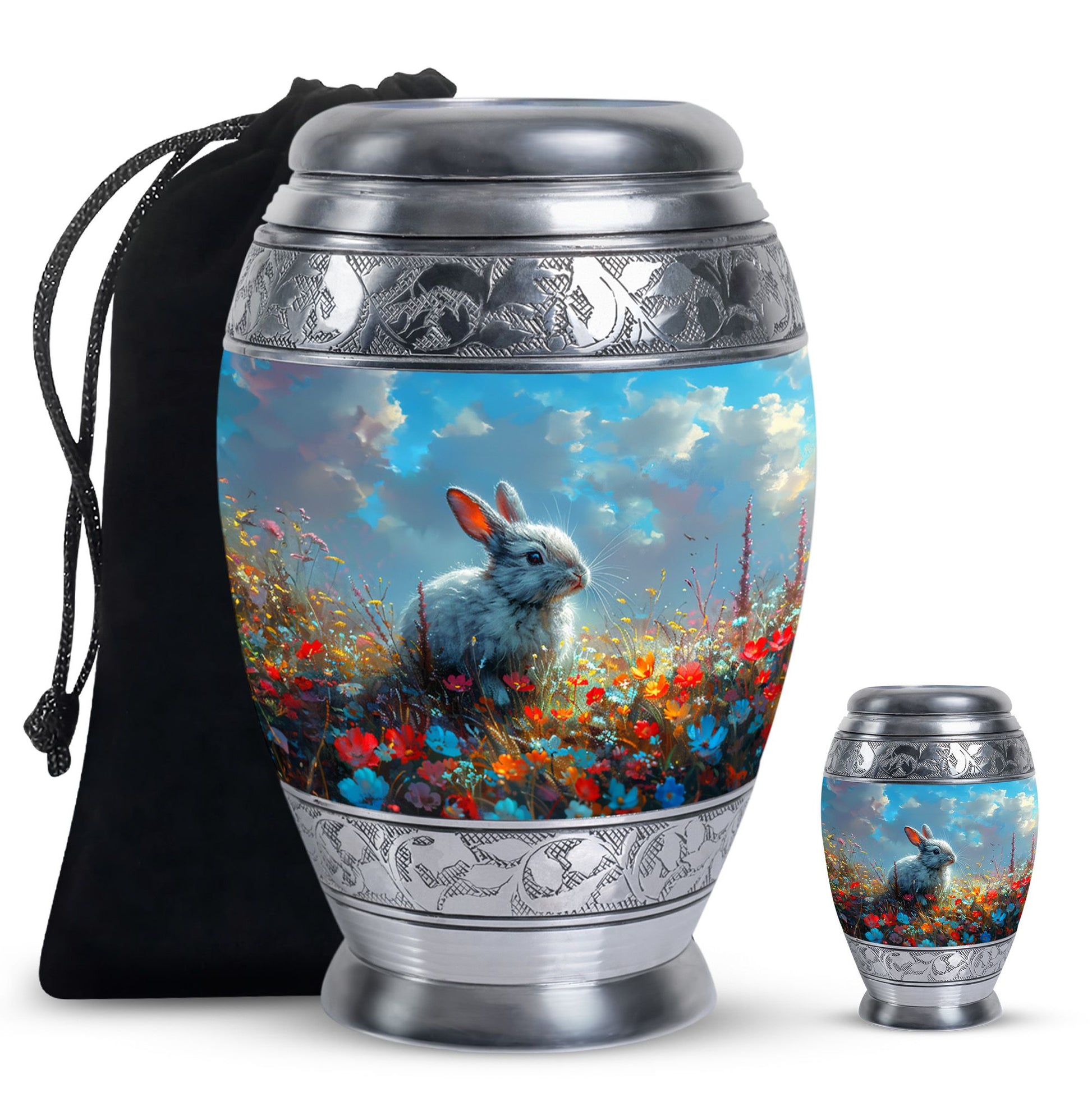 Colorful Flower Urn with White Bunny - Beautiful Pet Memorial Urn for Ashes