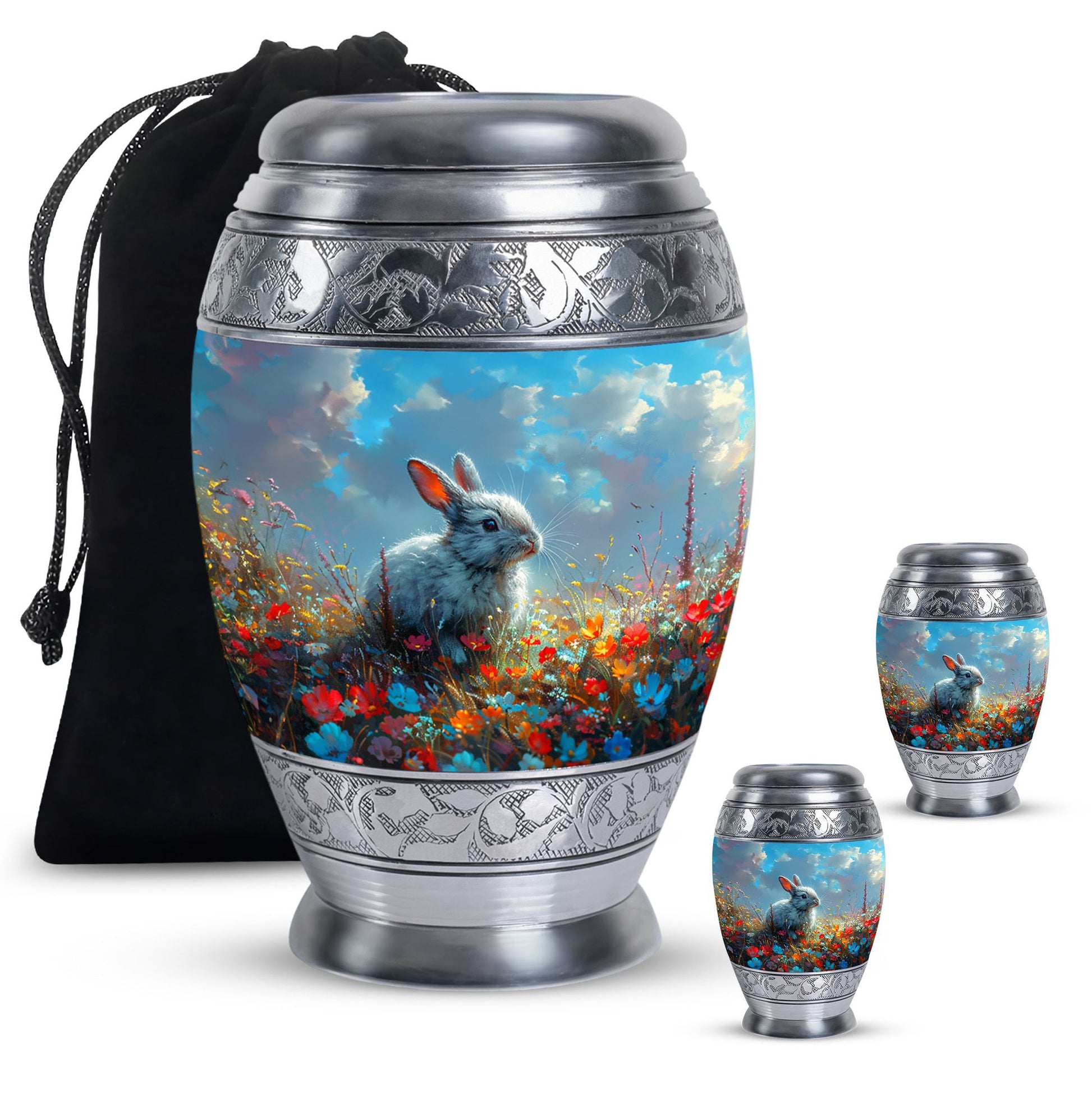 Colorful Flower Urn with White Bunny - Beautiful Pet Memorial Urn for Ashes
