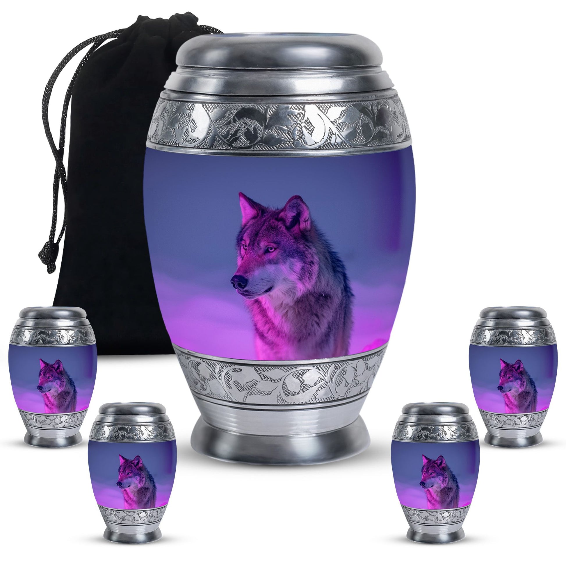 Wolf Cremation Urn for Ashes - Purple Wolf Design Memorial Urn