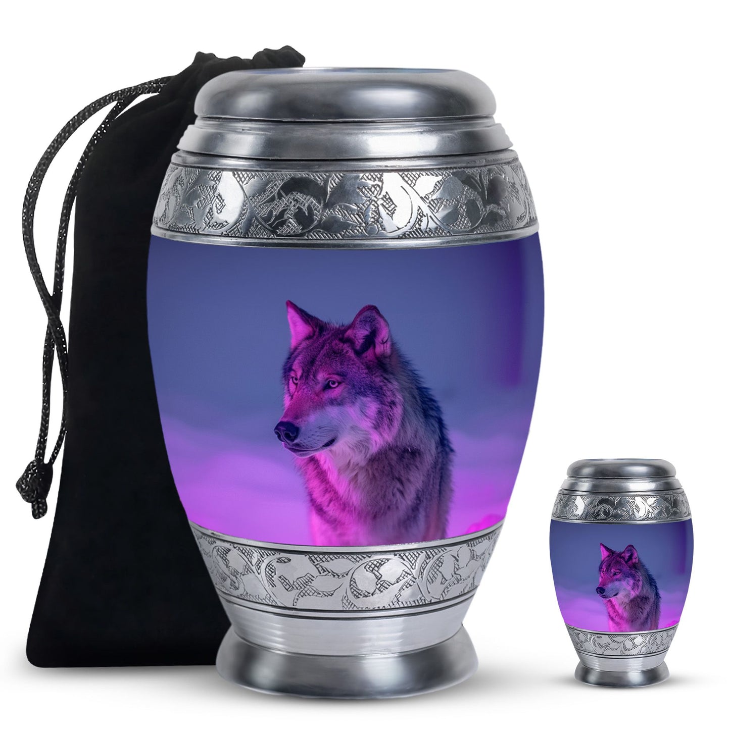 Purple Personalized Wolf Cremation Urn for Human Ashes - 10-inch, 200 cu in - Yatskia