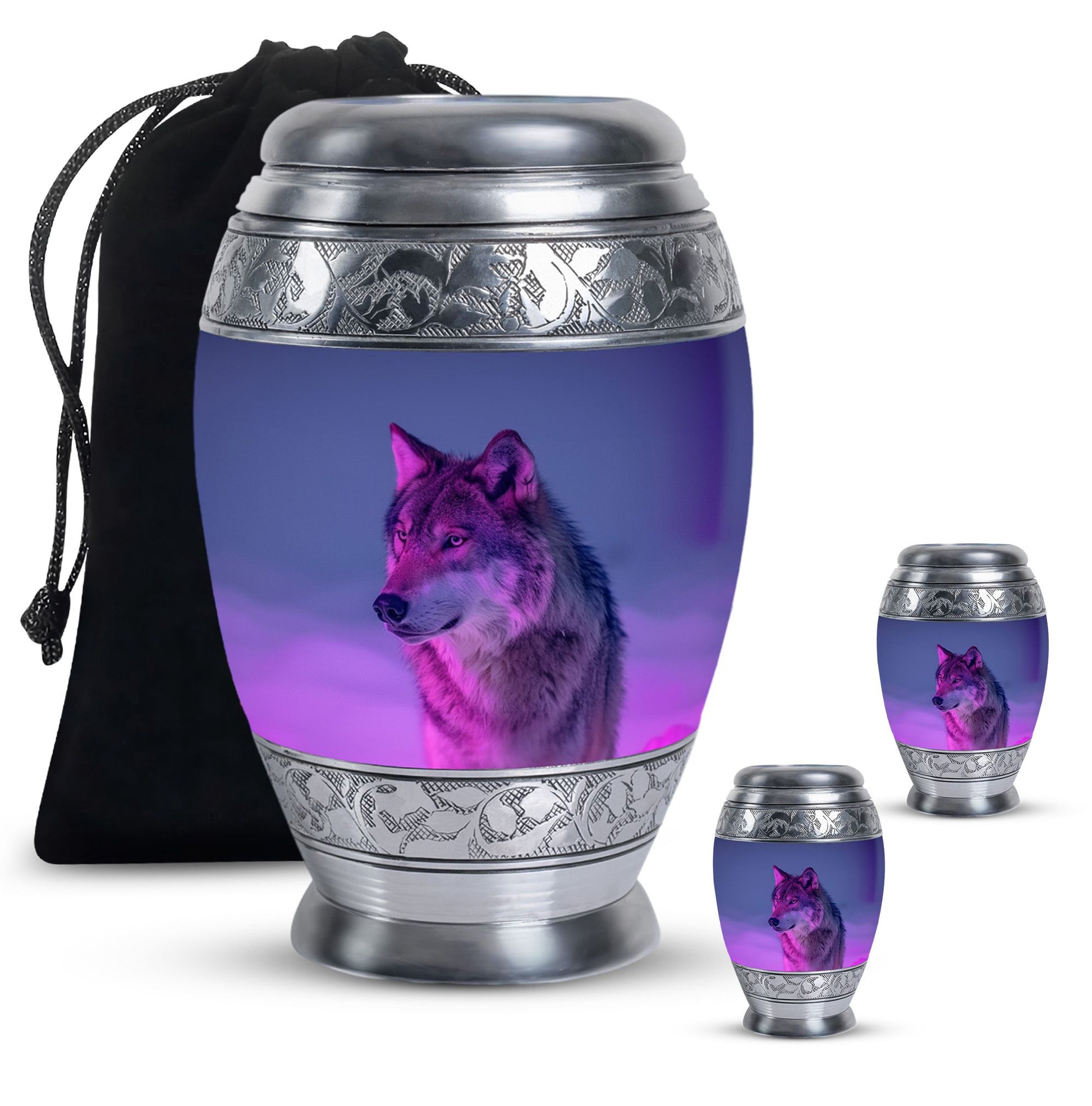 Wolf Cremation Urn for Ashes - Purple Wolf Design Memorial Urn