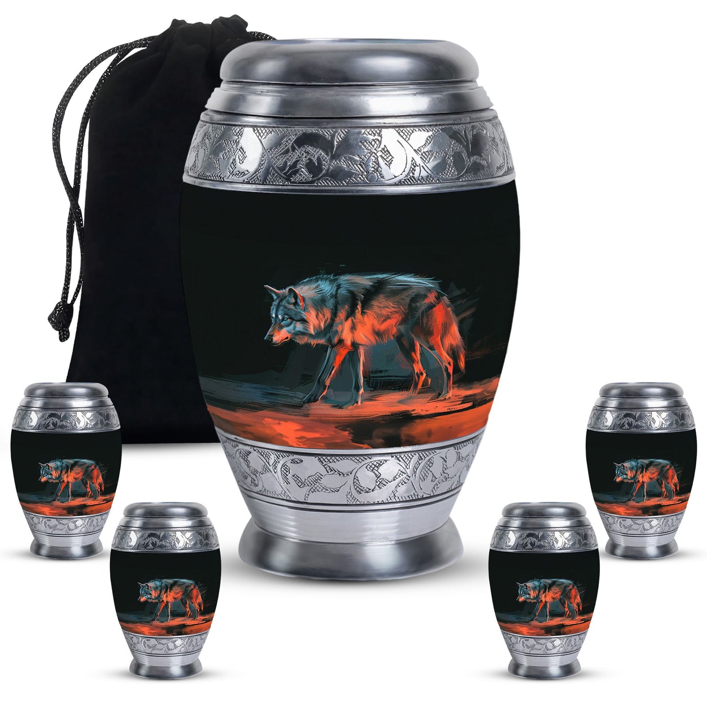 Black Personalized Wolf Cremation Urn for Human Ashes - 10-inch, 200 cu in - Yatskia