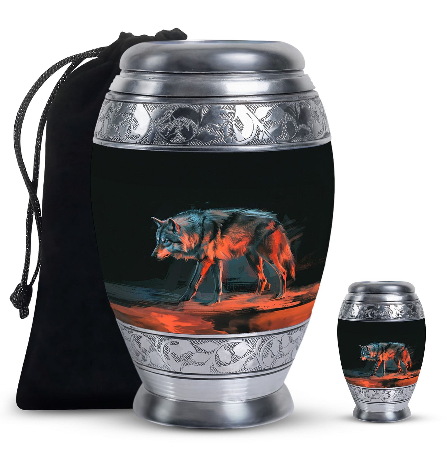 Black Personalized Wolf Cremation Urn for Human Ashes - 10-inch, 200 cu in - Yatskia