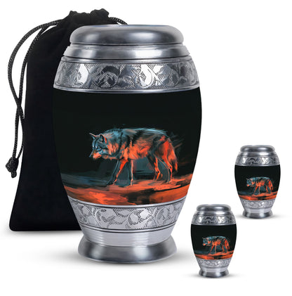Black Personalized Wolf Cremation Urn for Human Ashes - 10-inch, 200 cu in - Yatskia