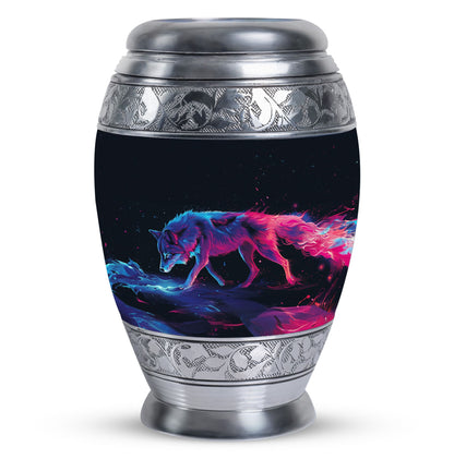 Wolf Urn for Human Ashes, Neon Pink Blue Prowling on Rocks, Cremation Urn