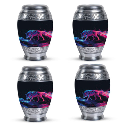 Wolf Urn for Human Ashes, Neon Pink Blue Prowling on Rocks, Cremation Urn