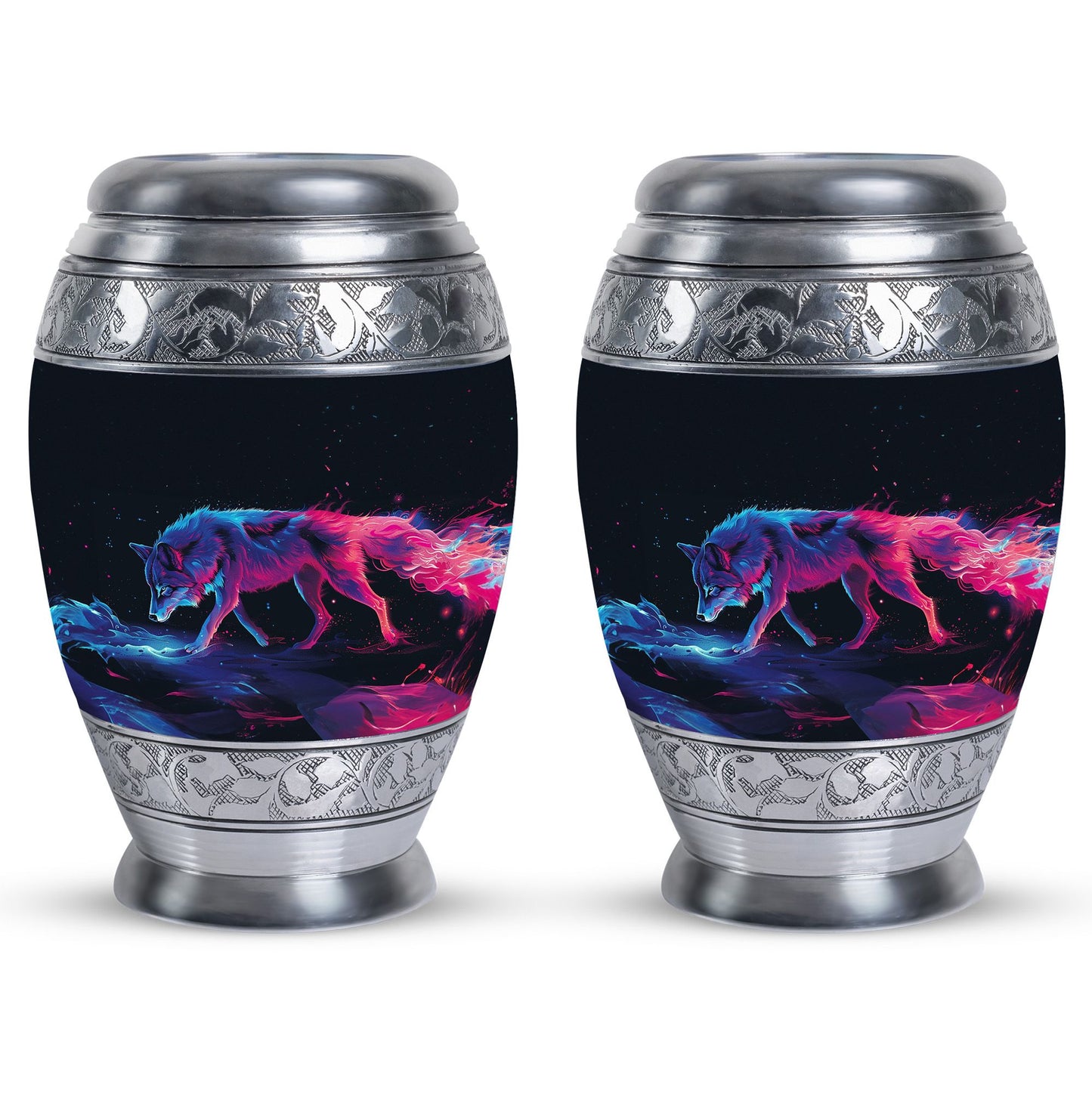 Wolf Urn for Human Ashes, Neon Pink Blue Prowling on Rocks, Cremation Urn