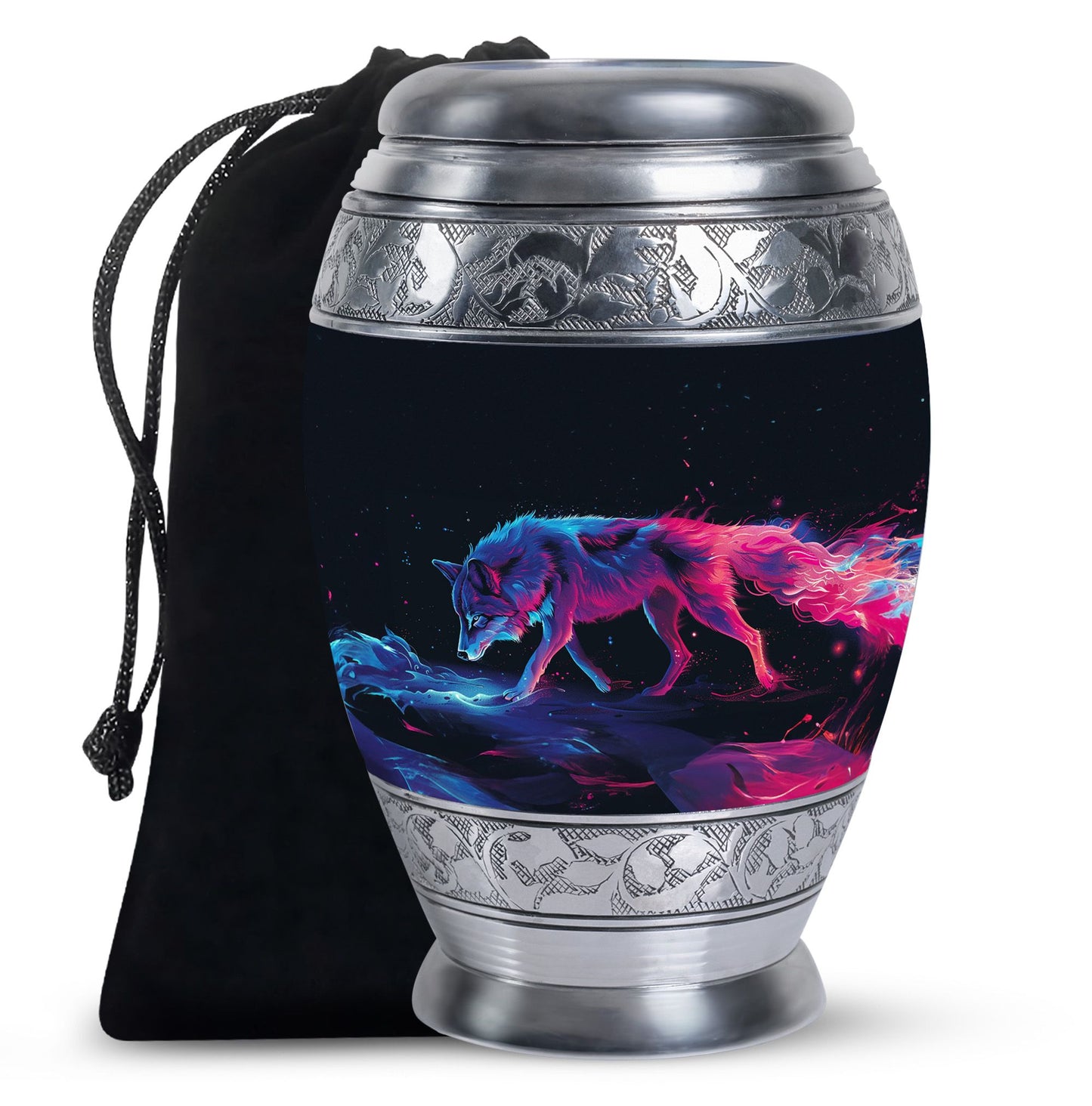 Wolf Urn for Human Ashes, Neon Pink Blue Prowling on Rocks, Cremation Urn