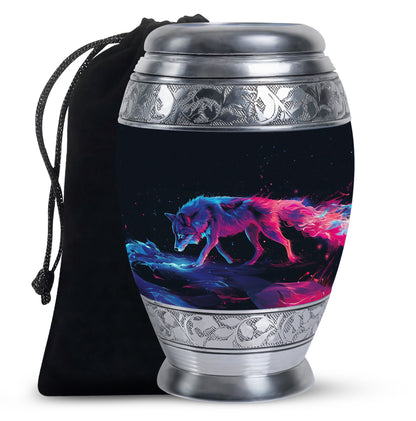Wolf Urn for Human Ashes, Neon Pink Blue Prowling on Rocks, Cremation Urn