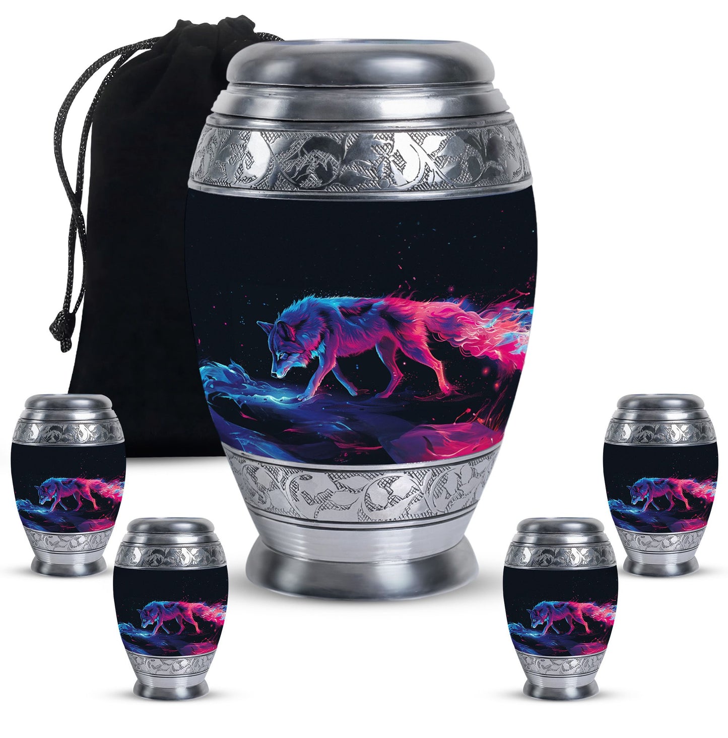 Wolf Urn for Human Ashes, Neon Pink Blue Prowling on Rocks, Cremation Urn