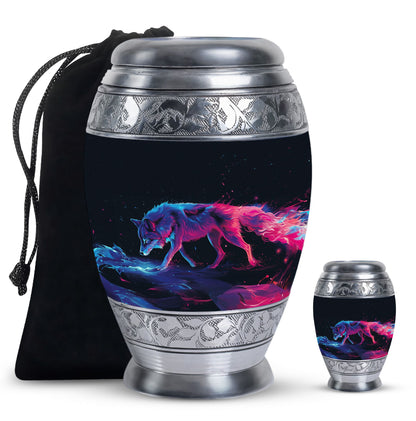 Wolf Urn for Human Ashes, Neon Pink Blue Prowling on Rocks, Cremation Urn