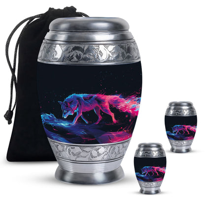Wolf Urn for Human Ashes, Neon Pink Blue Prowling on Rocks, Cremation Urn