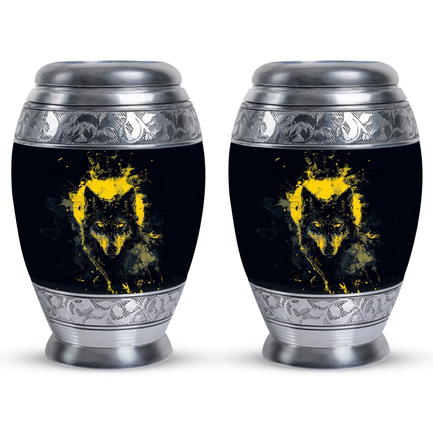 Black Personalized Wolf Cremation Urn for Human Ashes - 10-inch, 200 cu in - Yatskia